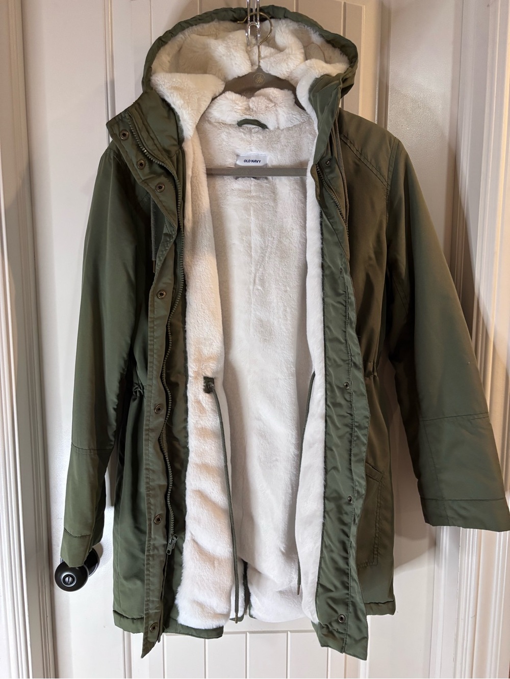 Old Navy Olive Green Hooded Puffer Coat with White Sherpa Lining - Picture 2 of 6